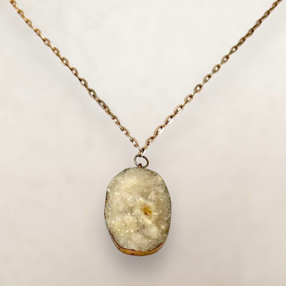 Raw Quartz Crystal Rose Gold Tone Statement Pendant Necklace Stone Boho